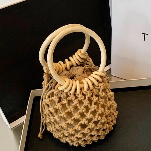 Wooden Ring Net Bag Lined Woven Beach Bag - Picture 3 of 12